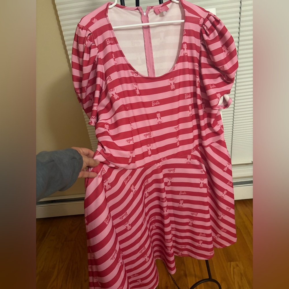 BARBIE X Unique VINTAGE Collab Pink Striped Flare Flirty Stretch Mini Dress - Picture 7 of 8